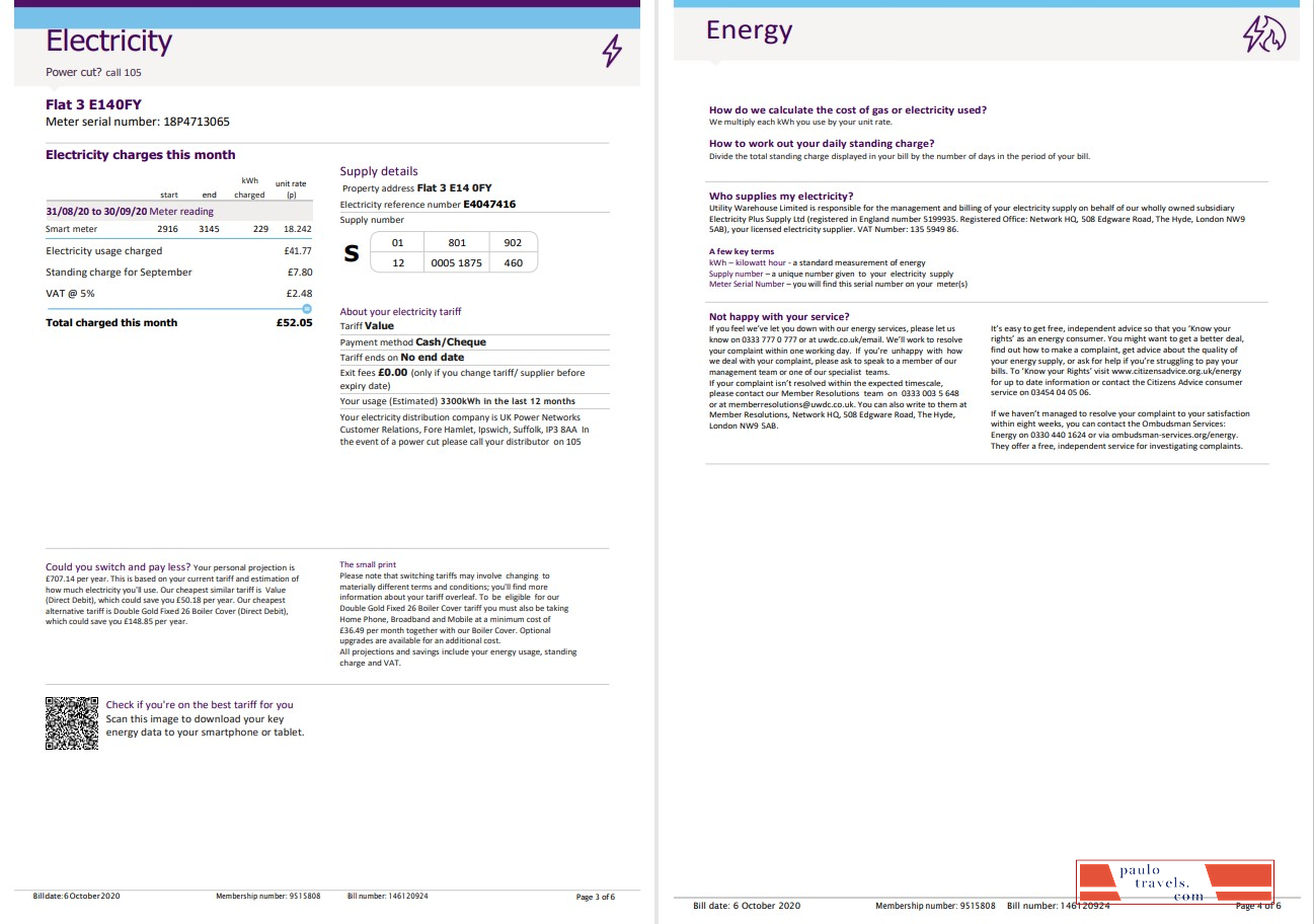 United Kingdom Utility Warehouse electricity utility bill template in Word and PDF format (6 pages) 3 4